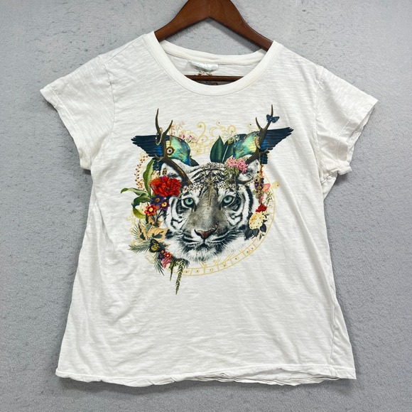 Camilla Tops - Camilla T-Shirt Womens White Tiger Graphic Rhinestone Embellished Slub Knit Tee